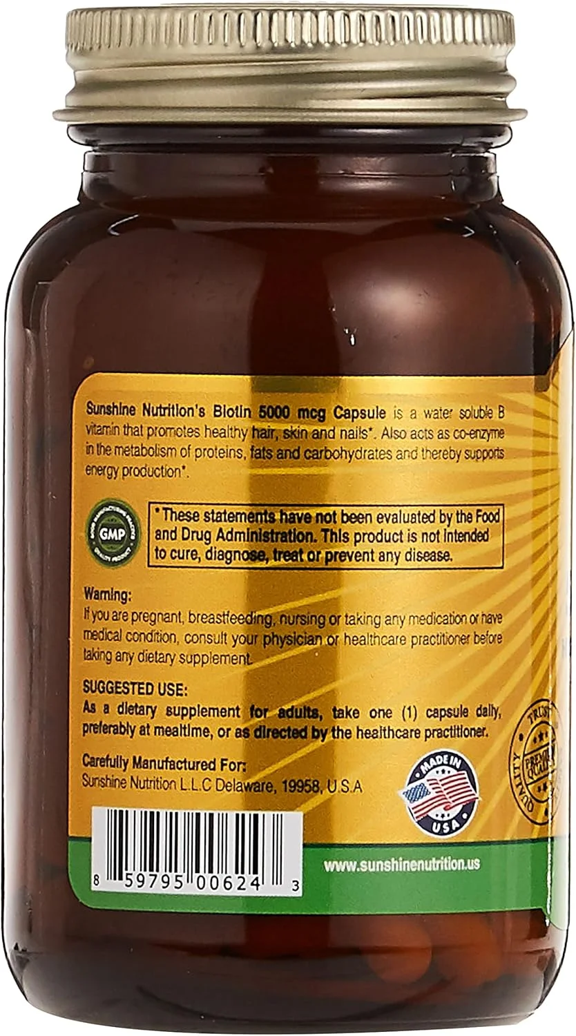 سان شاین نوتریشن بیوتین 5000 میکروگرم، 100 کپسول | فرمول با قدرت بالا | برای حمایت از سلامت پوست، ناخن ها و مو