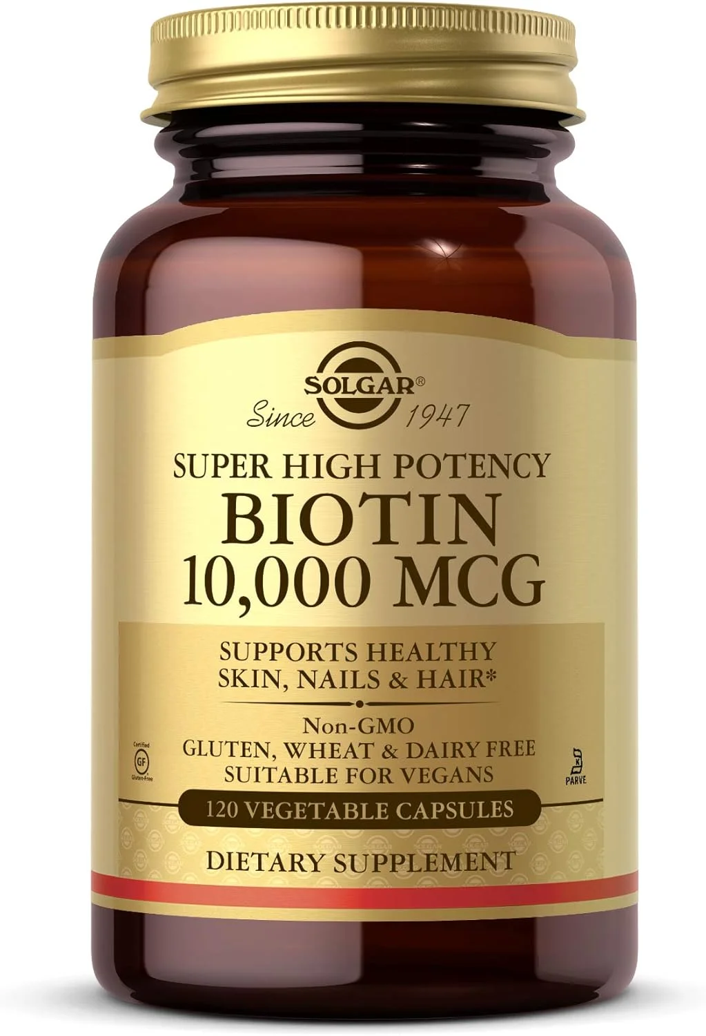 Solgar Super High Potency Biotin 10,000 mcg | 120 Vegetable Capsules | Supports Healthy Skin, Nails & Hair | Non-GMO, Gluten, Wheat & Dairy Free | Suitable for Vegans
