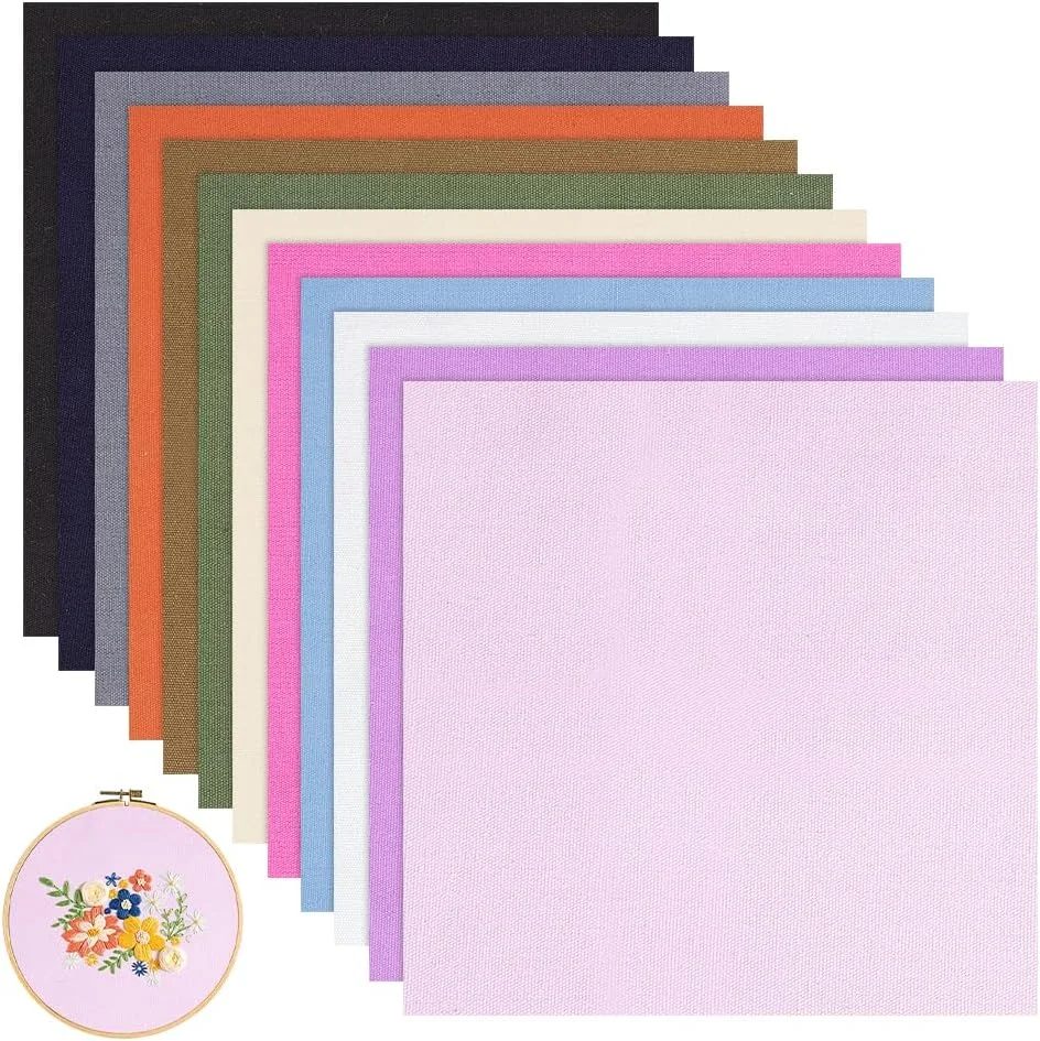 بنکرآت 12 عدد پارچه گلدوزی نخی مربعی 12 رنگ، پارچه گلدوزی سوزنی 40x40 سانتی متر، پارچه گلدوزی برای کاردستی و گلدوزی لباس