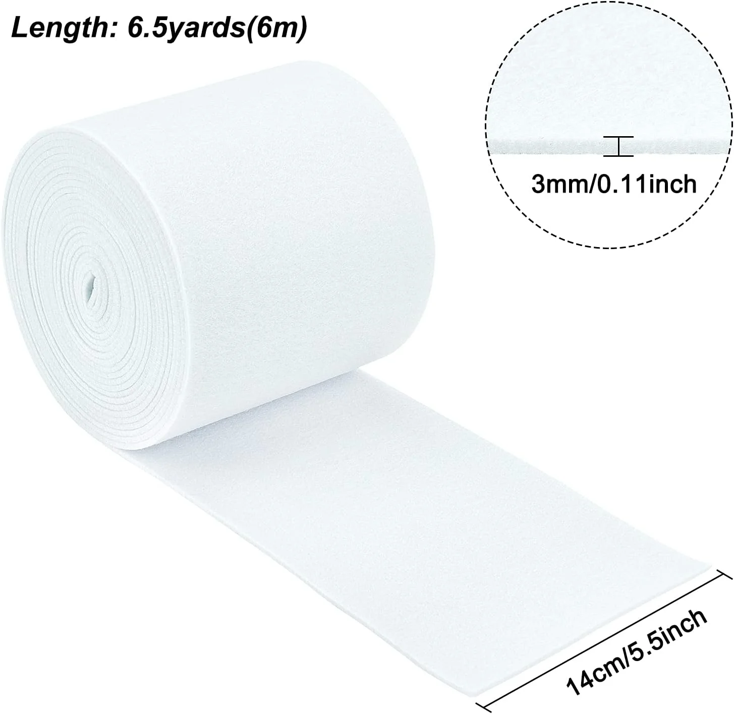 BENECREAT 19.7ftx5.5" Felt Fabric Craft White Nonwoven Felt Roll Padding Felt Fabric for Cushion, DIY Craft, Patchwork Sewing, 3mm Thick
