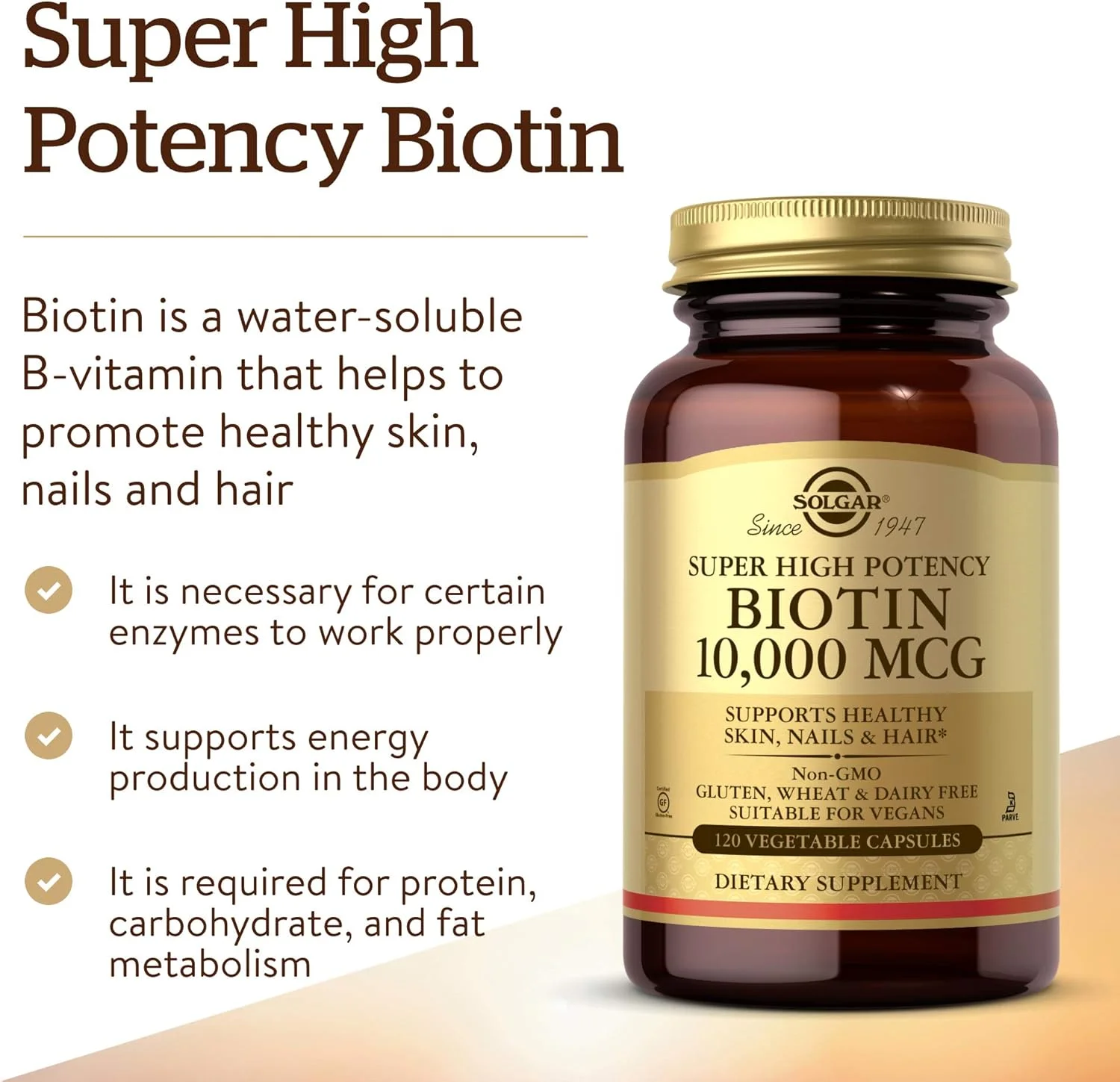 Solgar Super High Potency Biotin 10,000 mcg | 120 Vegetable Capsules | Supports Healthy Skin, Nails & Hair | Non-GMO, Gluten, Wheat & Dairy Free | Suitable for Vegans