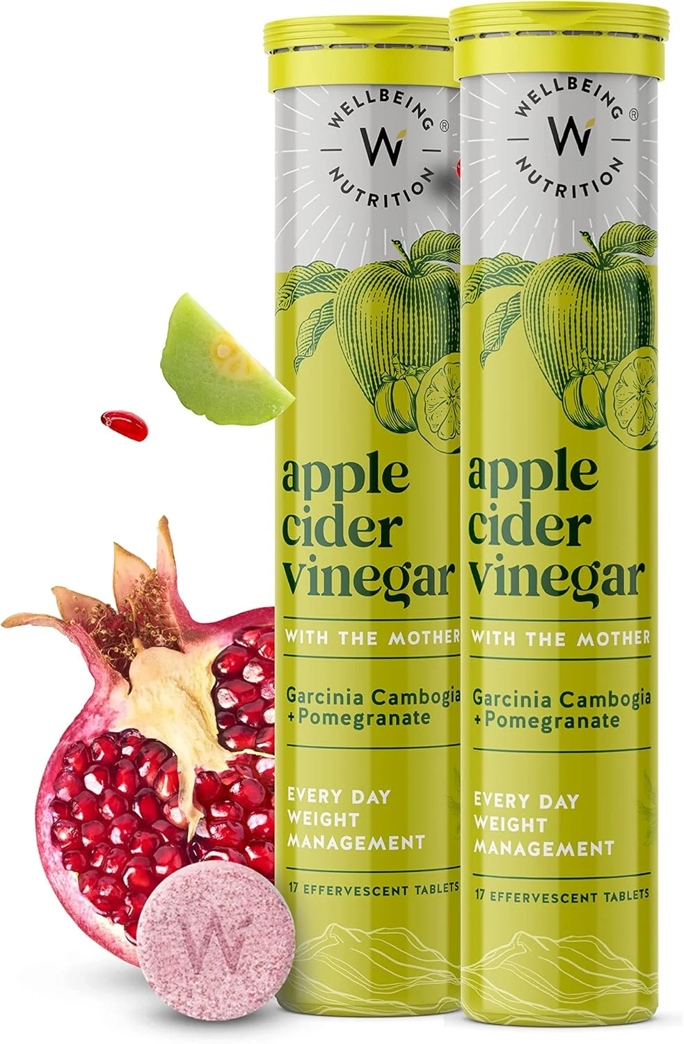قرص جوشان سرکه سیب Wellbeing Nutrition برای کاهش وزن با گارسینیا کامبوجیا و انار | مدیریت وزن، سلامت روده، پشتیبانی از هضم، افزایش متابولیسم - 17 عدد