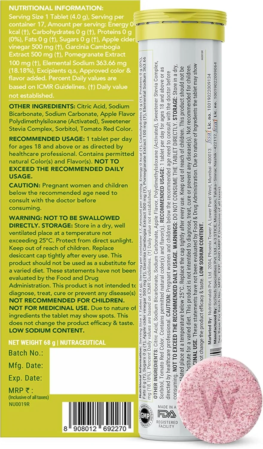 قرص جوشان سرکه سیب Wellbeing Nutrition برای کاهش وزن با گارسینیا کامبوجیا و انار | مدیریت وزن، سلامت روده، پشتیبانی از هضم، افزایش متابولیسم - 17 عدد