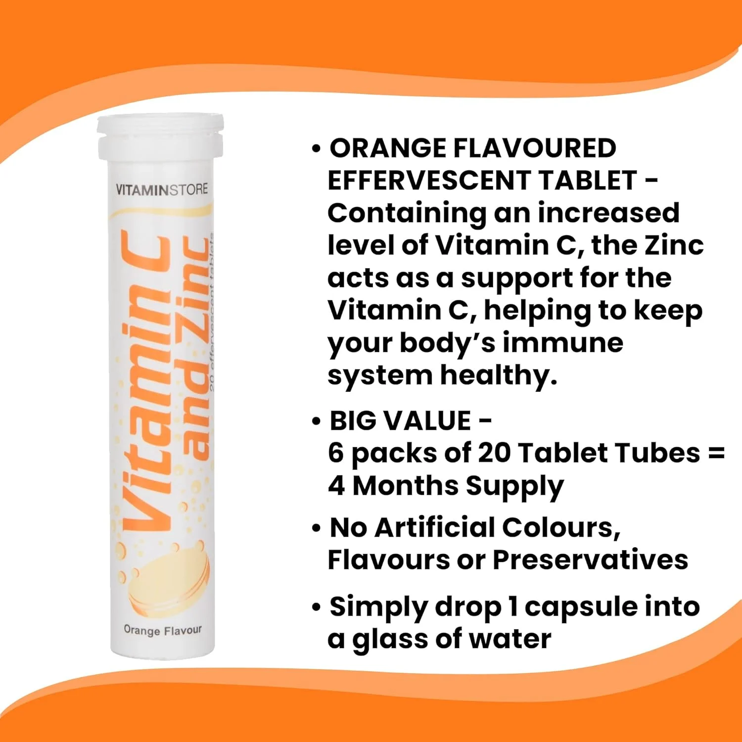 قرص جوشان ویتامین C و زینک ویتامین استور، با طعم پرتقال، مناسب برای گیاهخواران، 6 بسته 20 عددی