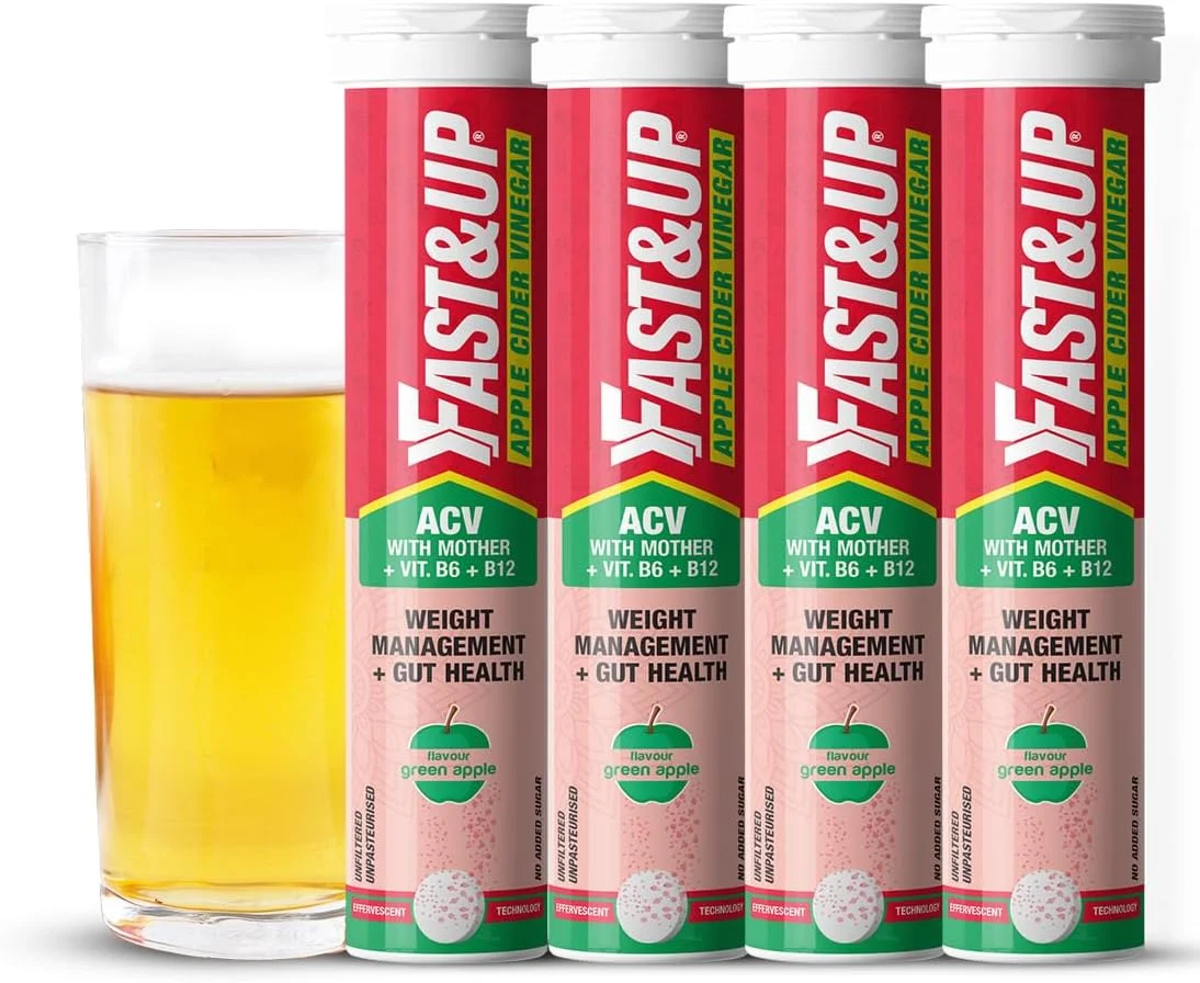 قرص جوشان سرکه سیب Fast&Up با مادر (60 عدد) | 1000 میلی گرم ACV برای مدیریت وزن و نفخ | ساخته شده با سیب های ارگانیک طبیعی هیمالیا 100٪ | دارای ویتامین B6 و B12 | طعم سیب سبز