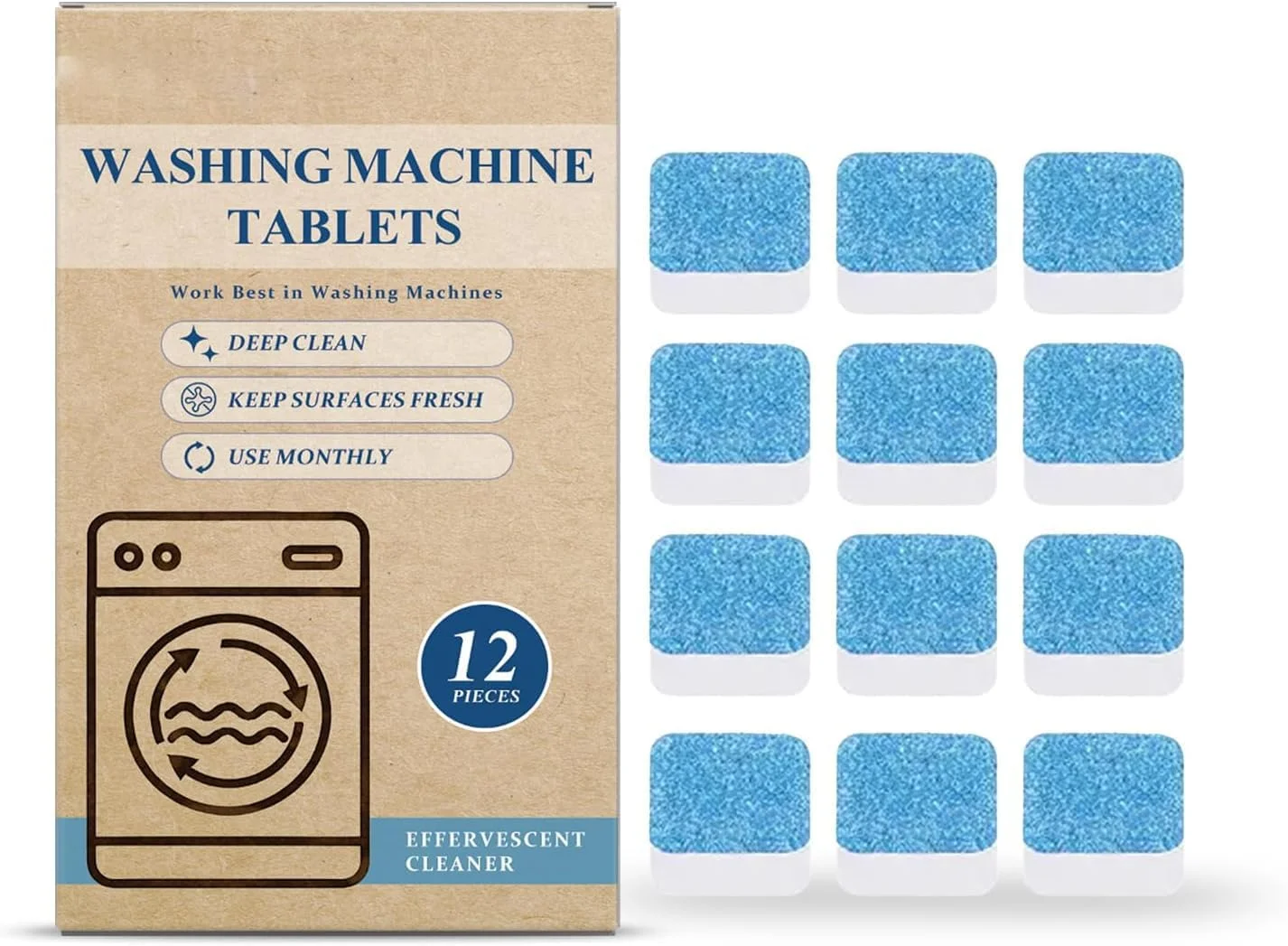 قرص های تمیز کننده ماشین لباسشویی - قرص های تمیز کننده عمیق و تازه برای از بین بردن موثر بو و رسوبات، سازگار با تمام ماشین های لباسشویی، 12 عدد