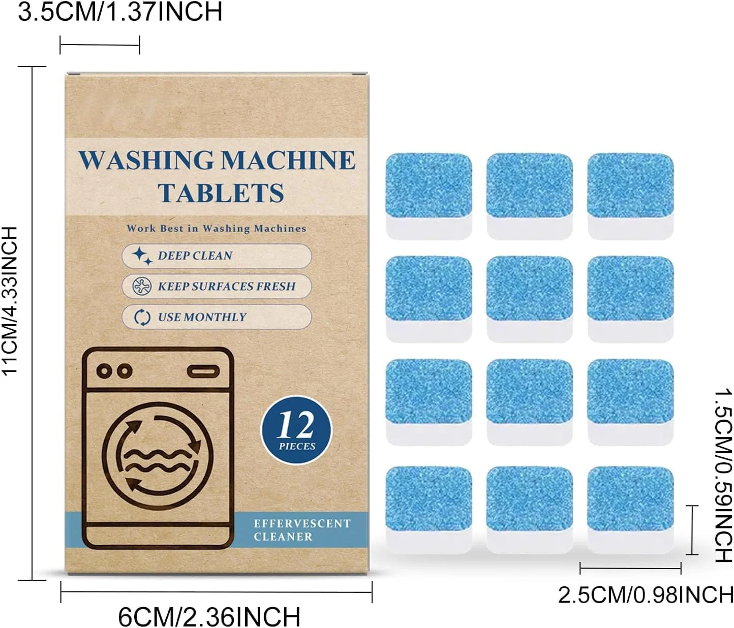 قرص های تمیز کننده ماشین لباسشویی - قرص های تمیز کننده عمیق و تازه برای از بین بردن موثر بو و رسوبات، سازگار با تمام ماشین های لباسشویی، 12 عدد