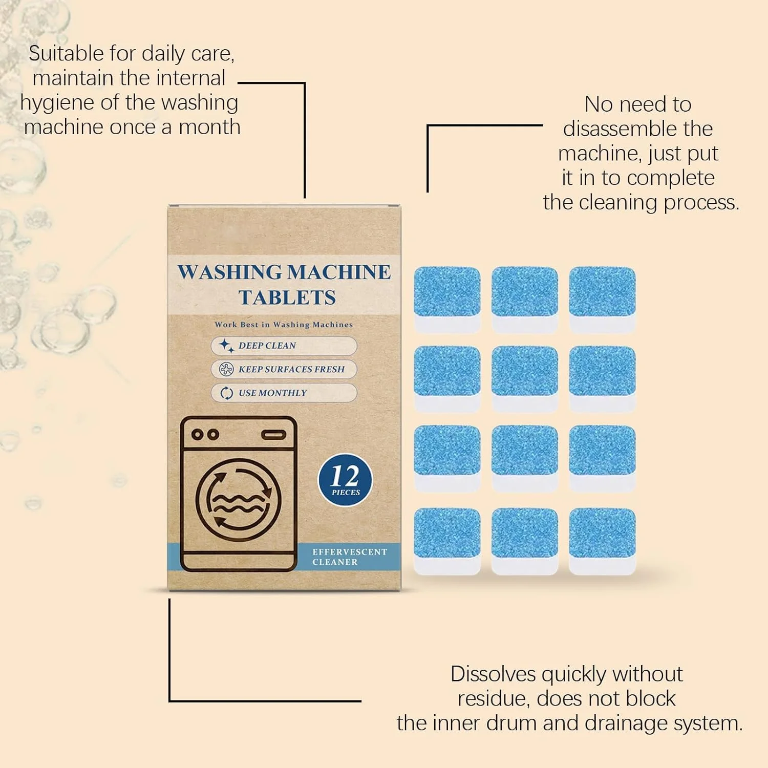 قرص های تمیز کننده ماشین لباسشویی - قرص های تمیز کننده عمیق و تازه برای از بین بردن موثر بو و رسوبات، سازگار با تمام ماشین های لباسشویی، 12 عدد