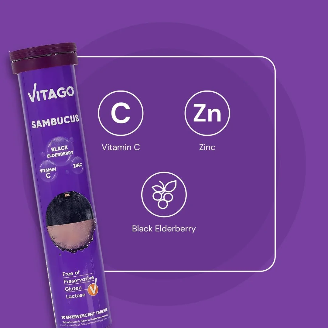 قرص جوشان سامبکوس ویتاگو با بلک الدرberry، ویتامین C و زینک - تقویت سیستم ایمنی و کاهش خستگی - 20 عدد