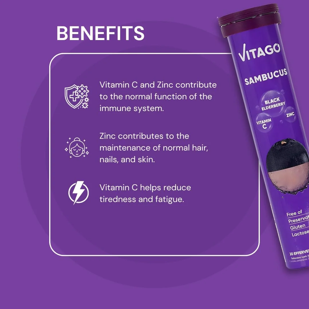 قرص جوشان سامبکوس ویتاگو با بلک الدرberry، ویتامین C و زینک - تقویت سیستم ایمنی و کاهش خستگی - 20 عدد