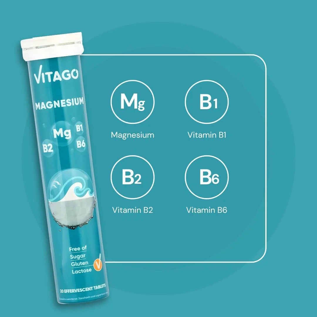 قرص جوشان منیزیم ویتاگو، حاوی ویتامین های B1، B2، B6، بدون شکر، افزایش عملکرد ذهنی، بهبود خلق و خو و افزایش انرژی، کاهش خستگی - 20 عدد