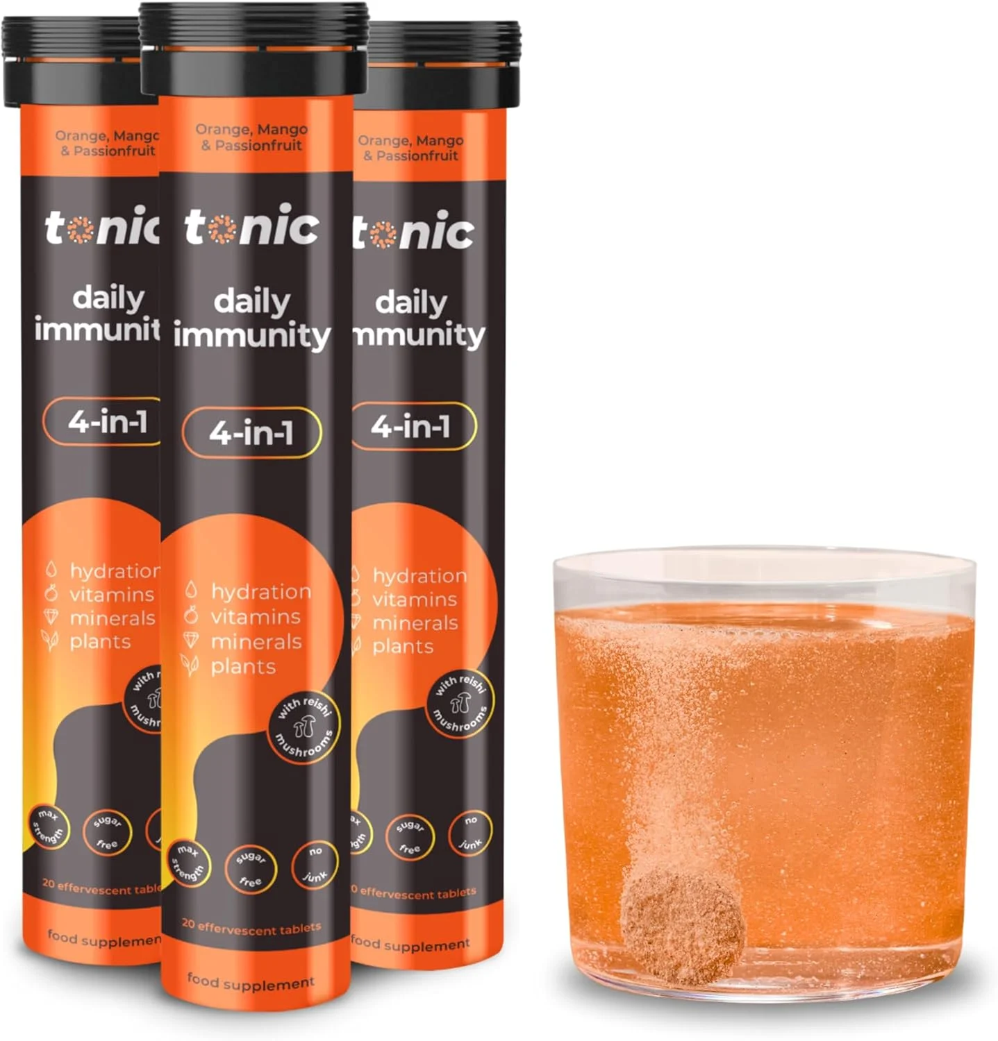 مولتی ویتامین قوی تونیک هلث با ویتامین C، ویتامین D، زینک و ریشی. قرص های جوشان مولتی ویتامین (X60) - ایمنی روزانه - کاملا طبیعی - بدون شکر - وگان - پرتقال، انبه و پشن فروت