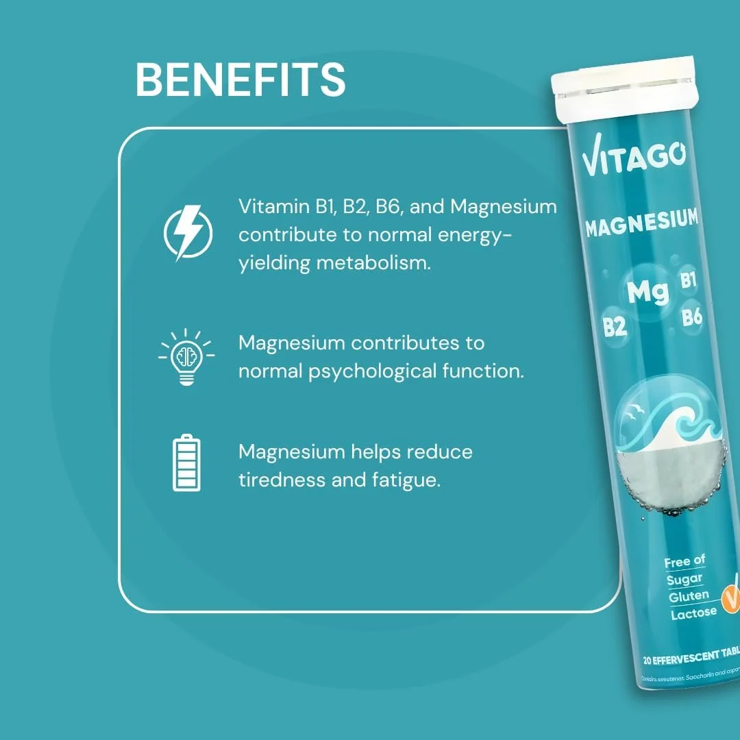قرص جوشان منیزیم ویتاگو، حاوی ویتامین های B1، B2، B6، بدون شکر، افزایش عملکرد ذهنی، بهبود خلق و خو و افزایش انرژی، کاهش خستگی - 20 عدد