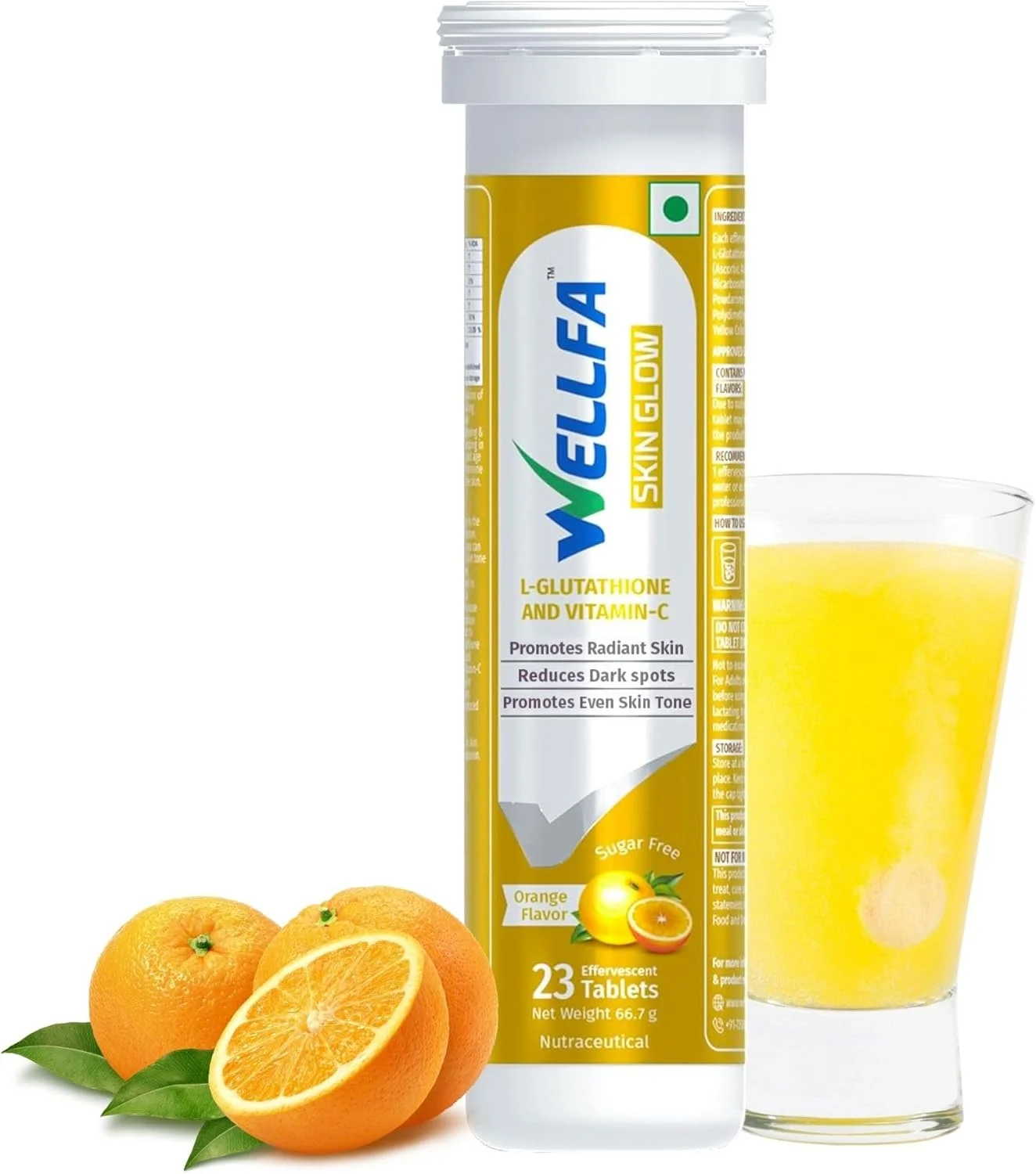 قرص های درخشش پوست Wellfa با ال-گلوتاتیون و ویتامین C برای پوست شفاف و درخشان | 23 قرص جوشان | مکمل روشن کننده درخشش پوست | طعم پرتقال