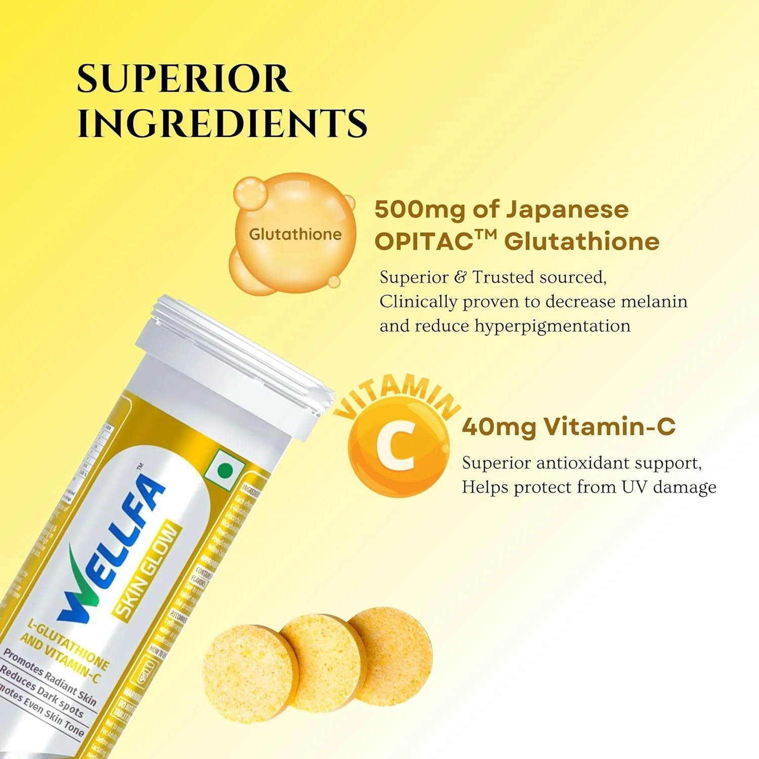 قرص های درخشش پوست Wellfa با ال-گلوتاتیون و ویتامین C برای پوست شفاف و درخشان | 23 قرص جوشان | مکمل روشن کننده درخشش پوست | طعم پرتقال قرص های درخشش پوست Wellfa با ال-گلوتاتیون و ویتامین C برای پوست شفاف و درخشان | 23 قرص جوشان | مکمل روشن کننده درخشش پوست | طعم پرتقال