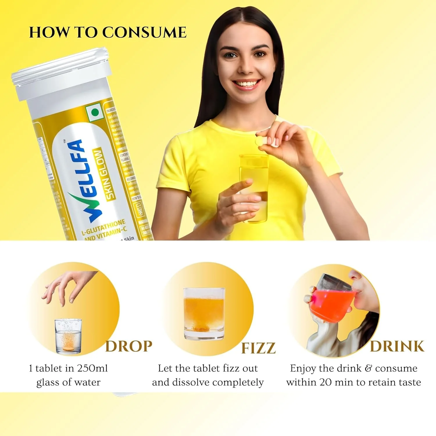 قرص های درخشش پوست Wellfa با ال-گلوتاتیون و ویتامین C برای پوست شفاف و درخشان | 23 قرص جوشان | مکمل روشن کننده درخشش پوست | طعم پرتقال قرص های درخشش پوست Wellfa با ال-گلوتاتیون و ویتامین C برای پوست شفاف و درخشان | 23 قرص جوشان | مکمل روشن کننده درخشش پوست | طعم پرتقال