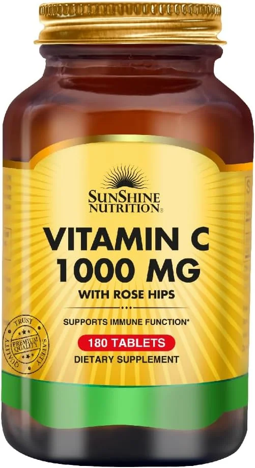 سان شاین نوتریشن ویتامین C 1000 میلی گرم به همراه گل رز، 180 قرص | برای حمایت از عملکرد سیستم ایمنی | بدون گلوتن
