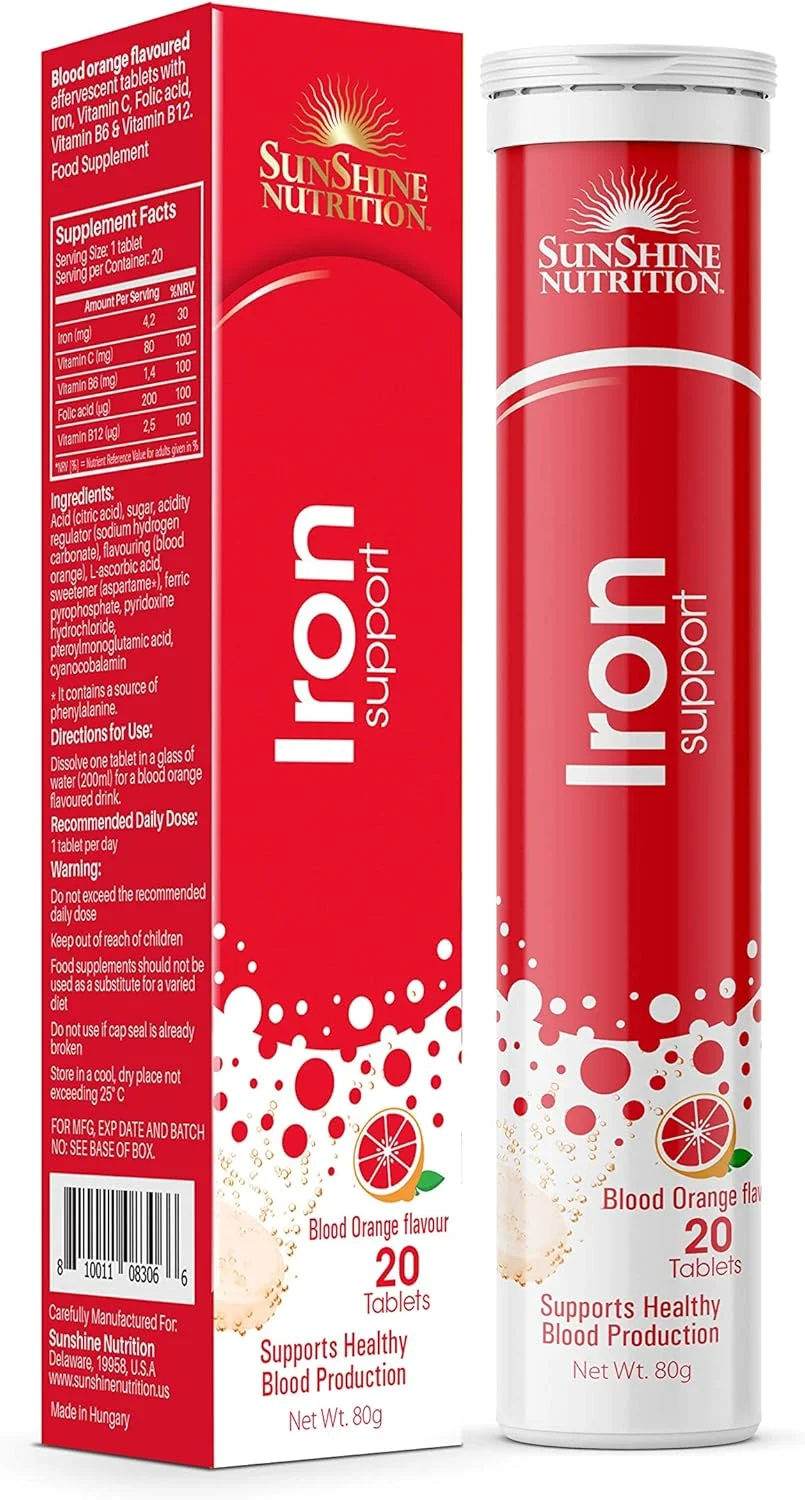 قرص جوشان ساپورت آهن سان شاین نوتریشن، 20 عدد | پشتیبانی از تولید سالم خون | طعم پرتقال | 80 گرم