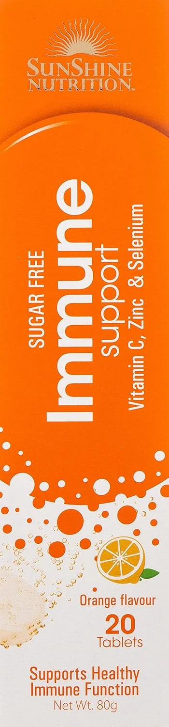 قرص جوشان ساپورت سیستم ایمنی سان شاین نوتریشن، 20 عدد | حاوی ویتامین C + زینک + سلنیوم | بدون شکر افزوده | طعم پرتقال | 80 گرم
