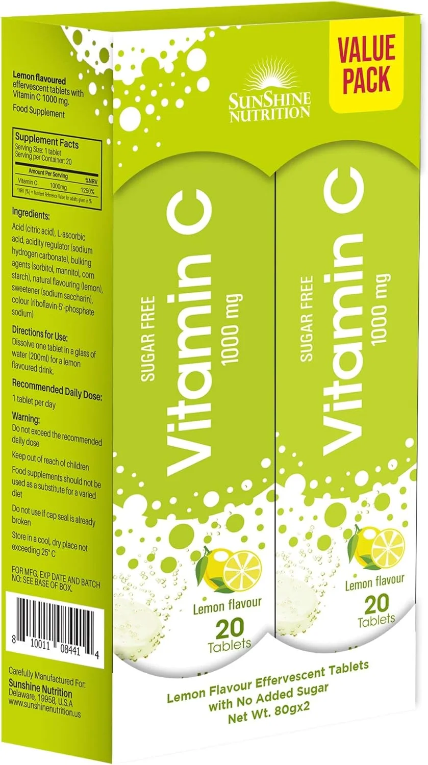 سان شاین نوتریشن ویتامین C 1000 میلی گرم، (2 بسته 20 عددی) | قرص های جوشان بسته اقتصادی | بدون شکر افزوده | طعم لیمو