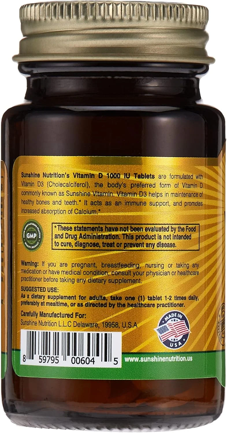 سان شاین نوتریشن ویتامین D 1000 واحد بین المللی (D3 کوله کلسیفرول)، 100 قرص | تقویت استخوان ها و دندان های قوی | پشتیبانی از عملکرد سالم | بدون گلوتن