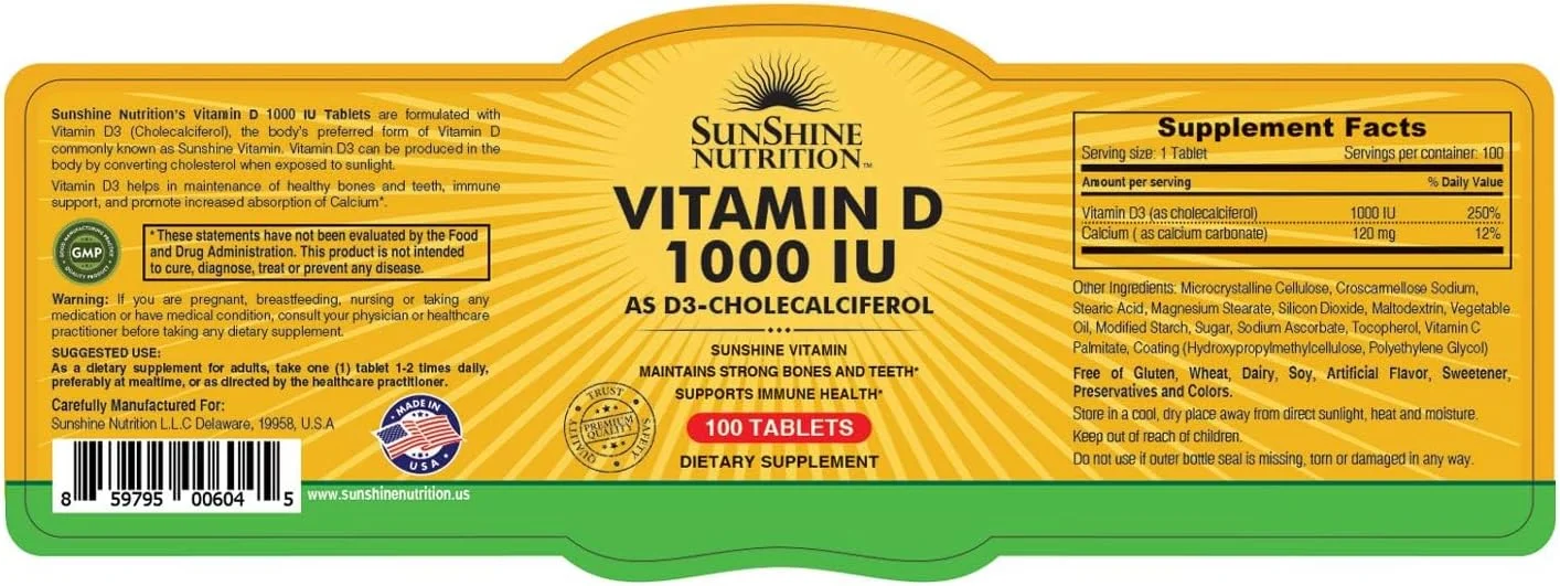 سان شاین نوتریشن ویتامین D 1000 واحد بین المللی (D3 کوله کلسیفرول)، 100 قرص | تقویت استخوان ها و دندان های قوی | پشتیبانی از عملکرد سالم | بدون گلوتن