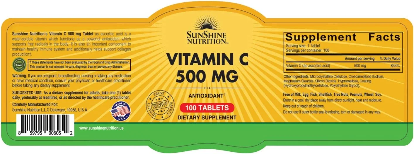 سان شاین نوتریشن ویتامین C 500 میلی گرم، 100 قرص | آنتی اکسیدان | فاقد گلوتن | مکمل غذایی سان شاین نوتریشن ویتامین C 500 میلی گرم، 100 قرص | آنتی اکسیدان | فاقد گلوتن | مکمل غذایی