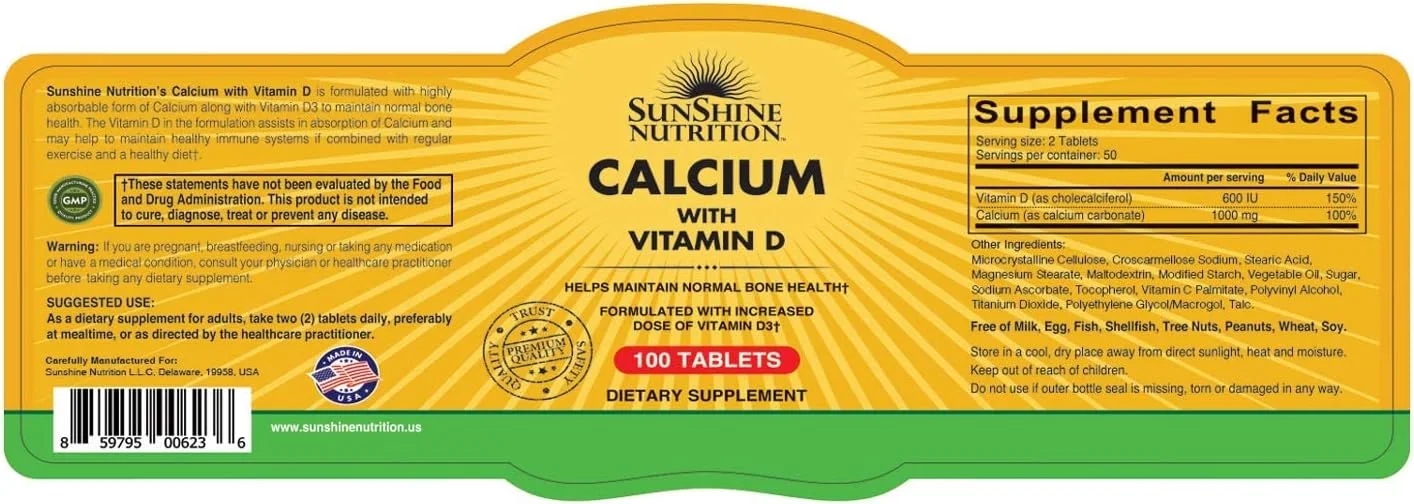 سان شاین نوتریشن کلسیم به همراه ویتامین دی، 100 قرص | فرموله شده با دوز افزایش یافته ویتامین D3 | مکمل بدون گلوتن سان شاین نوتریشن کلسیم به همراه ویتامین دی، 100 قرص | فرموله شده با دوز افزایش یافته ویتامین D3 | مکمل بدون گلوتن