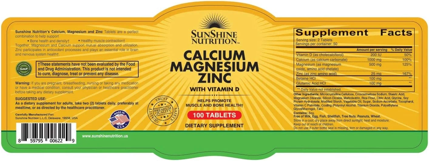 سان شاین نوتریشن کلسیم منیزیم زینک به همراه ویتامین D، 100 قرص | کمک به تقویت عضلات و سلامت استخوان | بدون گلوتن