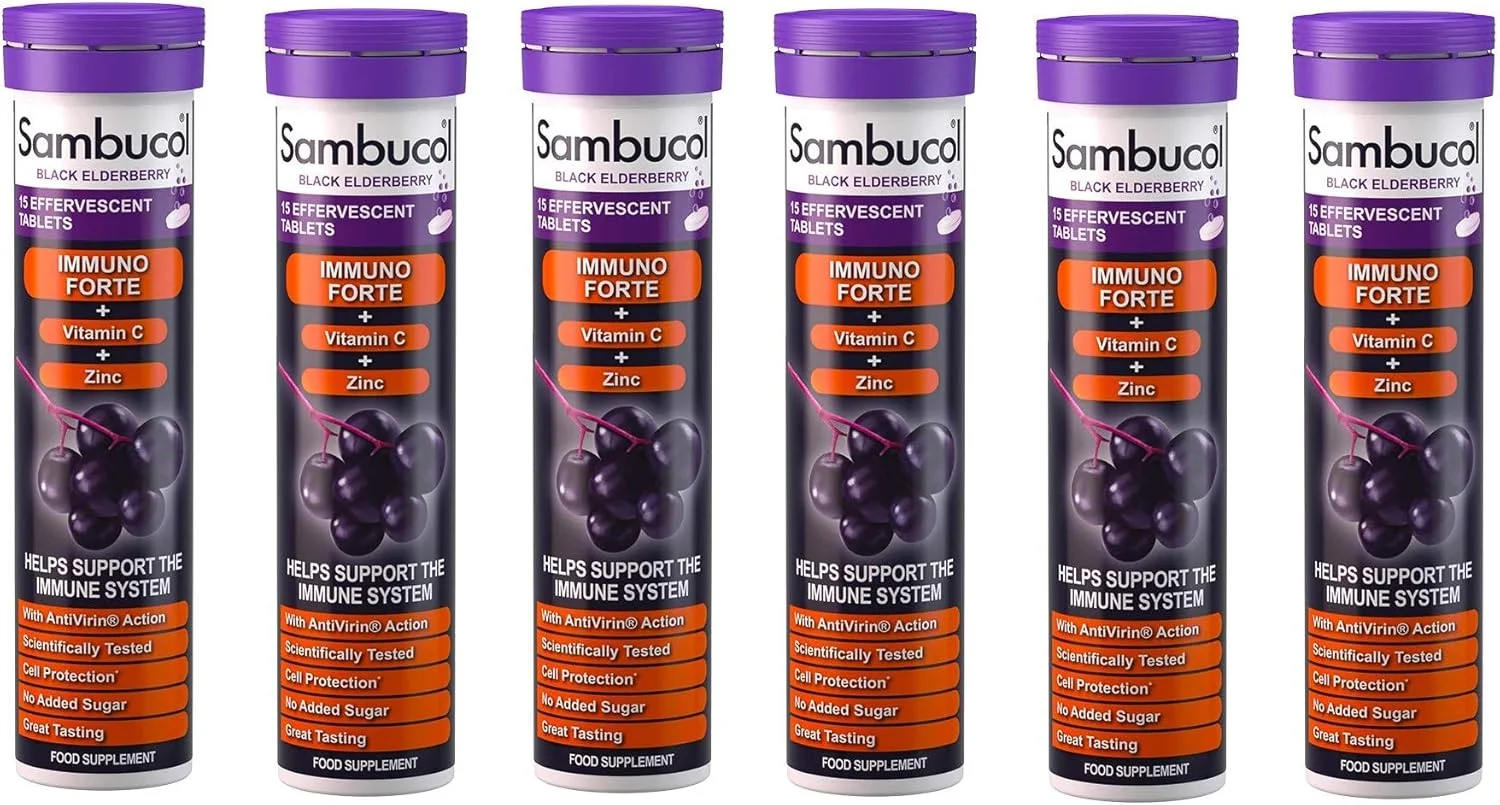 قرص جوشان ایمونو فورته سامبوکول: الدربری سیاه، ویتامین C، روی، آنتی اکسیدان، 6 عدد قرص جوشان برای حمایت از سیستم ایمنی و دفاع در برابر سرماخوردگی و آنفولانزا.