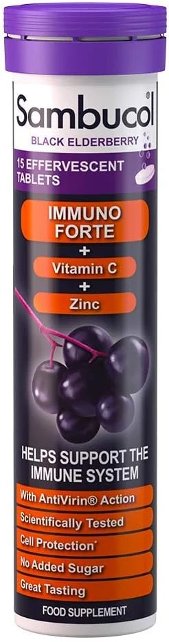 قرص جوشان ایمونو فورته سامبوکول: الدربری سیاه، ویتامین C، روی، آنتی اکسیدان، 6 عدد قرص جوشان برای حمایت از سیستم ایمنی و دفاع در برابر سرماخوردگی و آنفولانزا.