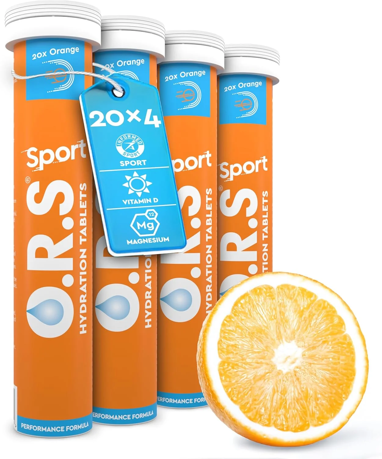 قرص های آبرسان ورزشی O.R.S Sport حاوی الکترولیت، فرمول وگان، بدون گلوتن و لاکتوز - قرص های آبرسانی خوراکی محلول ورزشی با طعم طبیعی پرتقال، کم کالری، 80 قرص (بسته 4 عددی)