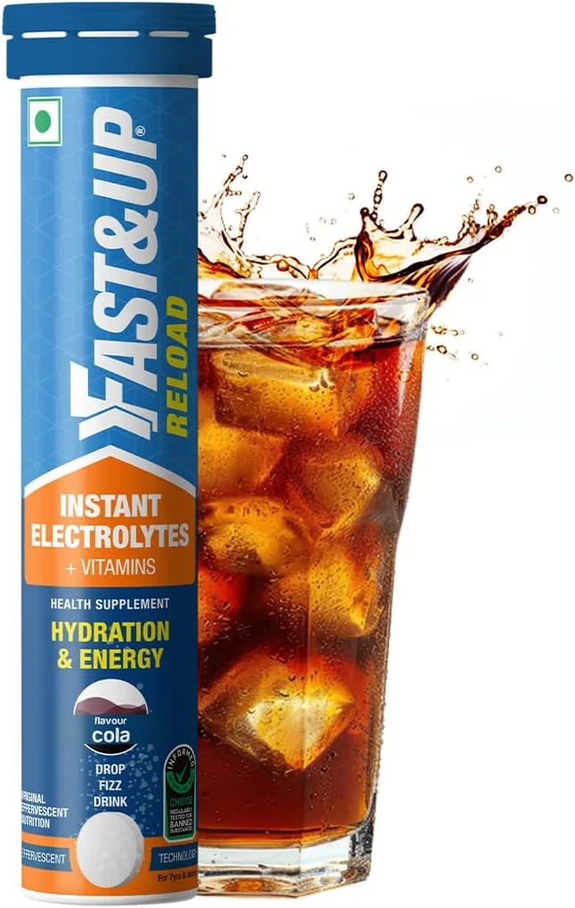 نوشیدنی انرژی زا کم شکر Fast&Up Reload (۵ لیتر) برای آبرسانی فوری - ۲۰ قرص جوشان با ۵ الکترولیت ضروری + ویتامین های افزوده - نوشیدنی الکترولیت تایید شده - طعم کولا
