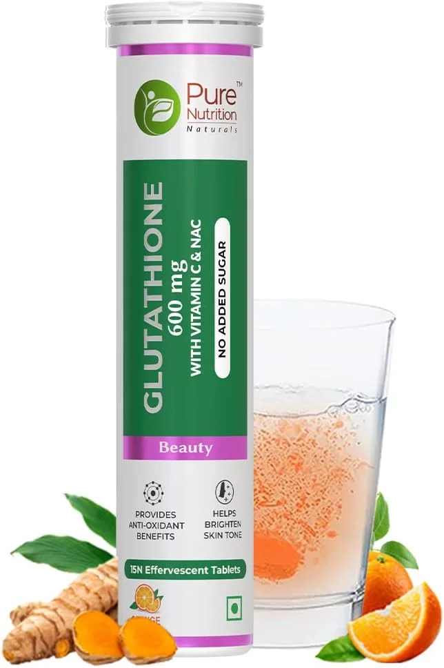 قرص جوشان ال-گلوتاتیون 600 میلی گرم پیور نوتریشن، حاوی ویتامین C و زعفران | آنتی اکسیدان ضد پیری برای پوست شفاف و درخشان، مناسب آقایان و بانوان | طعم پرتقال
