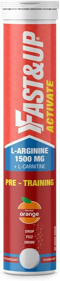 نوشیدنی پیش از تمرین بدون کافئین Fast&Up Activate - 1500 میلی گرم ال-آرژنین و سایر مواد مغذی فعال - جلوگیری از استرس اکسیداتیو، افزایش استقامت و متابولیسم - طعم پرتقال - بسته 20 قرص جوشان
