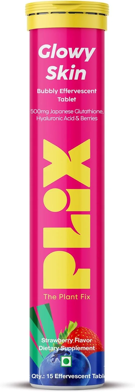 قرص جوشان گلوتاتیون 500 میلی گرمی PLIX - THE PLANT FIX برای پوست شفاف و جوان | ویتامین E رنگدانه ها را کاهش می دهد، لکه های تیره را محو می کند، پوست را آبرسانی می کند | بسته 6 عددی، طعم توت فرنگی