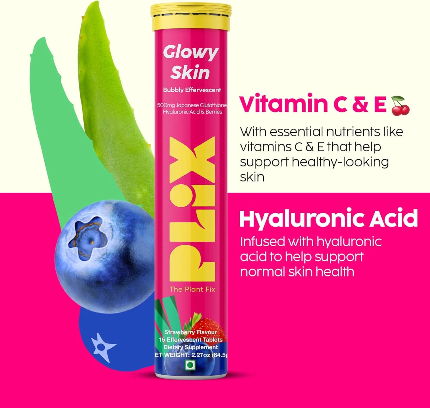 قرص جوشان گلوتاتیون 500 میلی گرمی PLIX - THE PLANT FIX برای پوست شفاف و جوان | ویتامین E رنگدانه ها را کاهش می دهد، لکه های تیره را محو می کند، پوست را آبرسانی می کند | بسته 6 عددی، طعم توت فرنگی