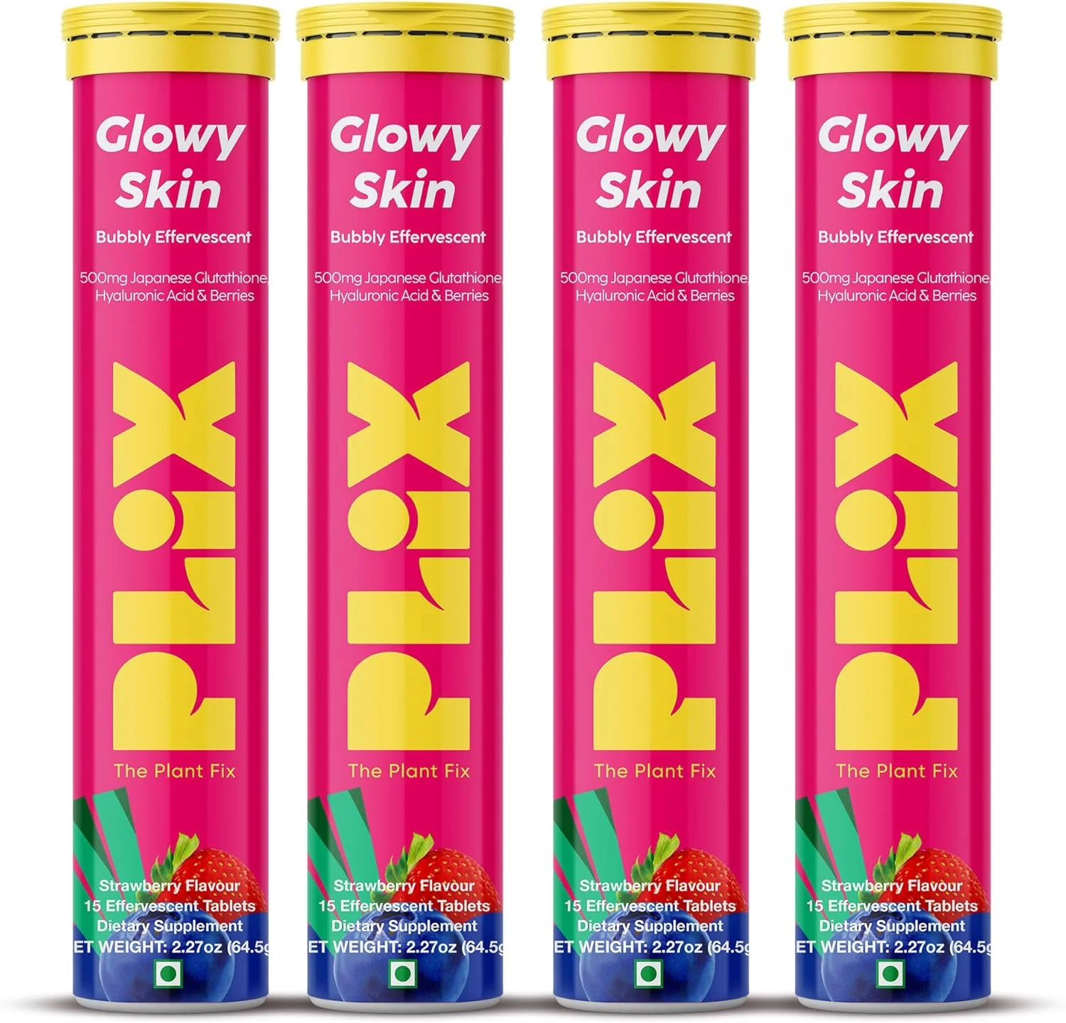 قرص جوشان گلوتاتیون 500 میلی گرمی PLIX THE PLANT FIX برای درخشندگی پوست، شفافیت و جوانی | ویتامین E کاهش دهنده رنگدانه، محو کننده لکه های تیره، آبرسان | بسته 4 عددی، طعم توت فرنگی