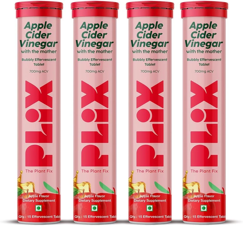 قرص جوشان سرکه سیب PLIX - THE PLANT FIX، 15 عدد، سرکه سیب با مادر برای مدیریت وزن و هضم آسان، ویتامین B6 و B12، بسته 4 عددی (سیب)، 100% گیاهی، حمل و مصرف آسان