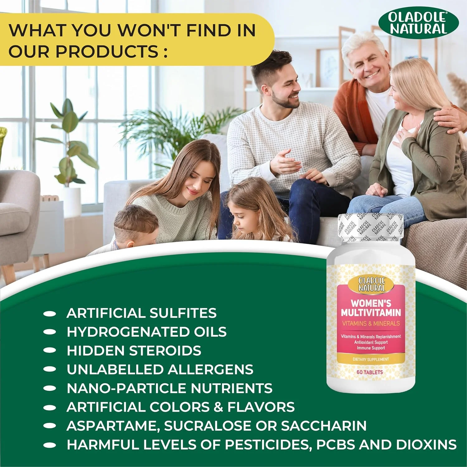 مولتی ویتامین طبیعی زنانه Oladole - 60 قرص | پشتیبانی از سیستم ایمنی، افزایش انرژی، سلامت مو، پوست و ناخن، پشتیبانی از متابولیسم و محافظت آنتی اکسیدانی | مواد مغذی ضروری روزانه | غیر GMO