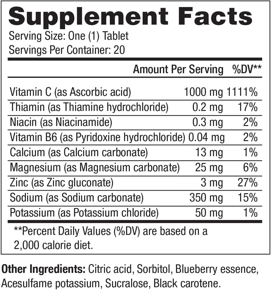 Natural Fervor Vitalshield Hydra Electrolyte Tablets, Blueberry Flavour, 1000mg Vitamin C, Sugar-Free, 20 Effervescent Tablets