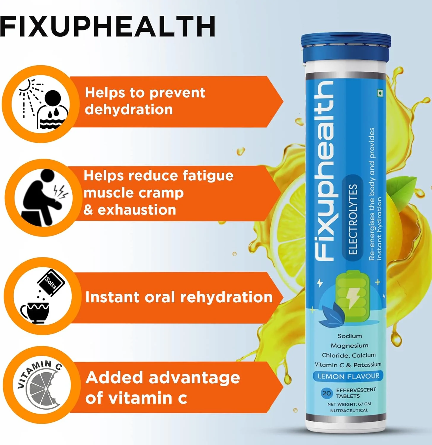 قرص های الکترولیت FIXUPHEALTH حاوی منیزیم، کلسیم کلرید و سدیم با مزیت اضافه ویتامین C با طعم لیمو، قرص های جوشان مخصوص ورزشکاران - (بسته 20 عددی 2 تایی) قرص های الکترولیت FIXUPHEALTH حاوی منیزیم، کلسیم کلرید و سدیم با مزیت اضافه ویتامین C با طعم لیمو، قرص های جوشان مخصوص ورزشکاران - (بسته 20 عددی 2 تایی)