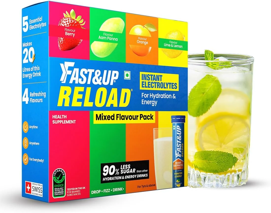 فست اند آپ ریلود (20 لیتر) - (بری، آم پاننا، پرتقال، لیمو و لیمو ترش) - نوشیدنی انرژی زا کم شکر برای آبرسانی فوری - قرص های جوشان با تمام 5 الکترولیت ضروری + ویتامین های اضافه شده.