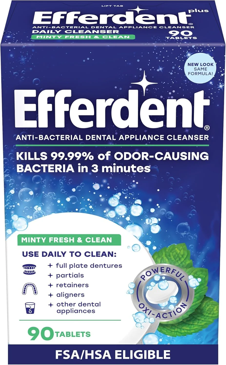 قرص پاک کننده دندان مصنوعی آنتی باکتریال نعنایی Efferdent Plus | 90 عدد | تمیز کننده فعال بین دندان های مصنوعی | بسته بندی ممکن است متفاوت باشد