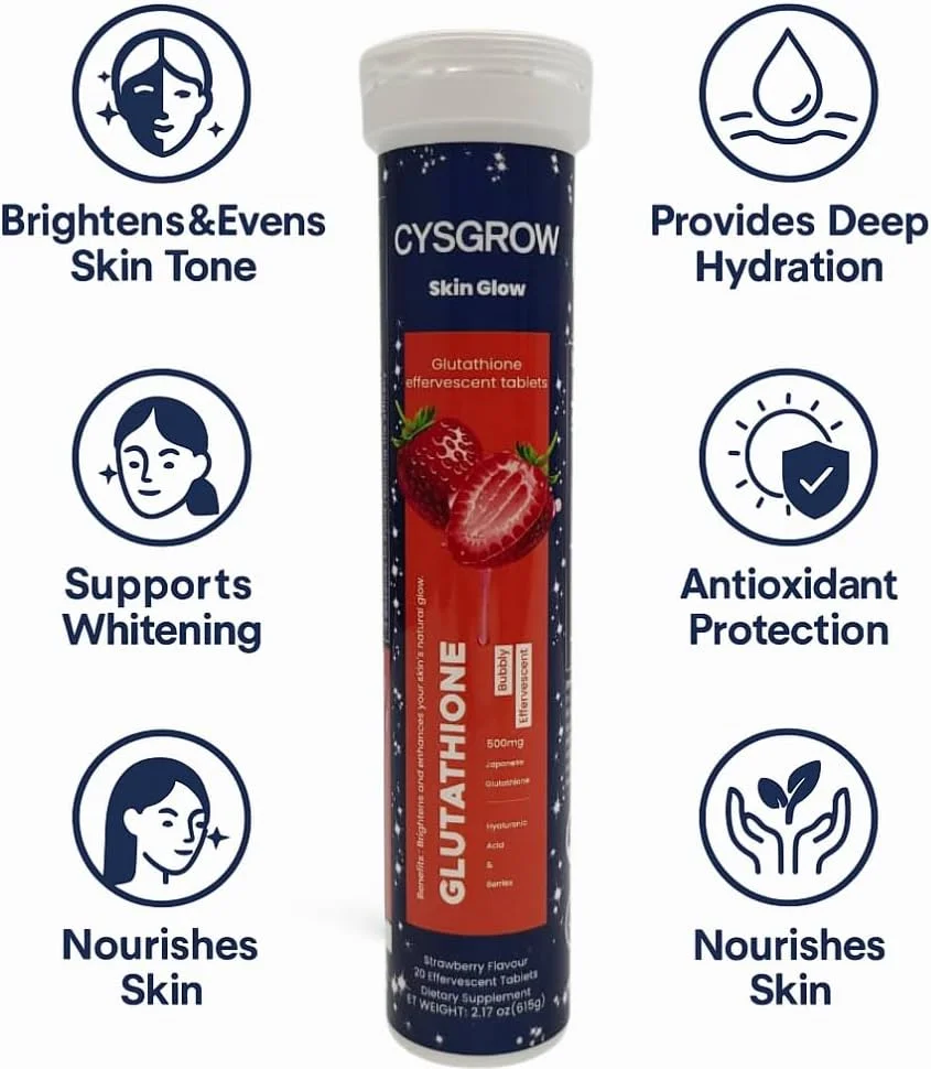 قرص جوشان گلوتاتیون CYSGROW Skin Glow با ویتامین C، اسید هیالورونیک و عصاره های گیاهی - 20 عدد - طعم توت فرنگی قرص جوشان گلوتاتیون CYSGROW Skin Glow با ویتامین C، اسید هیالورونیک و عصاره های گیاهی - 20 عدد - طعم توت فرنگی