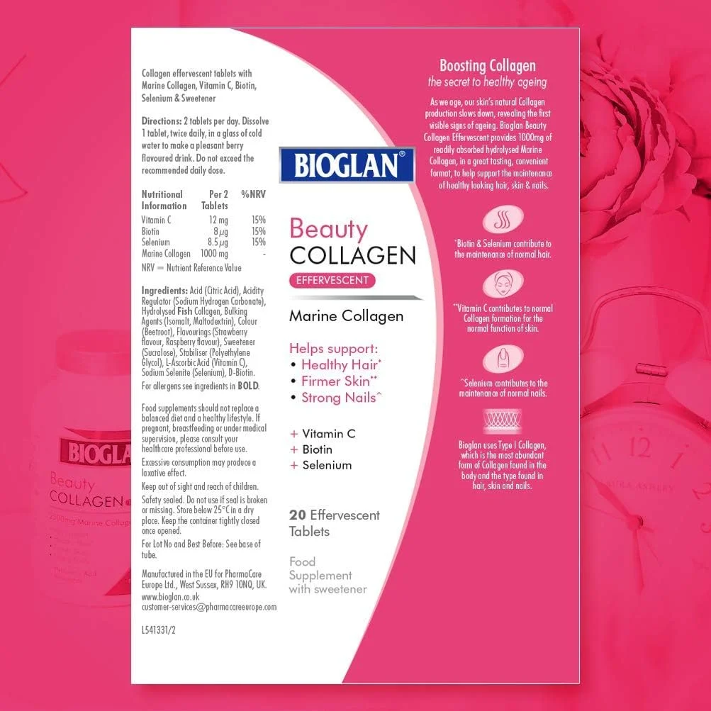 قرص جوشان کلاژن بایوگلن | 1000 میلی گرم | کلاژن دریایی هیدرولیز شده | بیوتین | سلنیوم و ویتامین C | 20 عدد با طعم توت