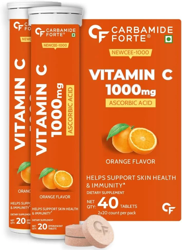 قرص جوشان ویتامین C کاربامید فورته 1000 میلی گرم برای سلامت پوست و ایمنی | قرص ویتامین C | طعم پرتقال | 2 بسته 20 عددی قرص جوشان ویتامین 1000 میلی گرم