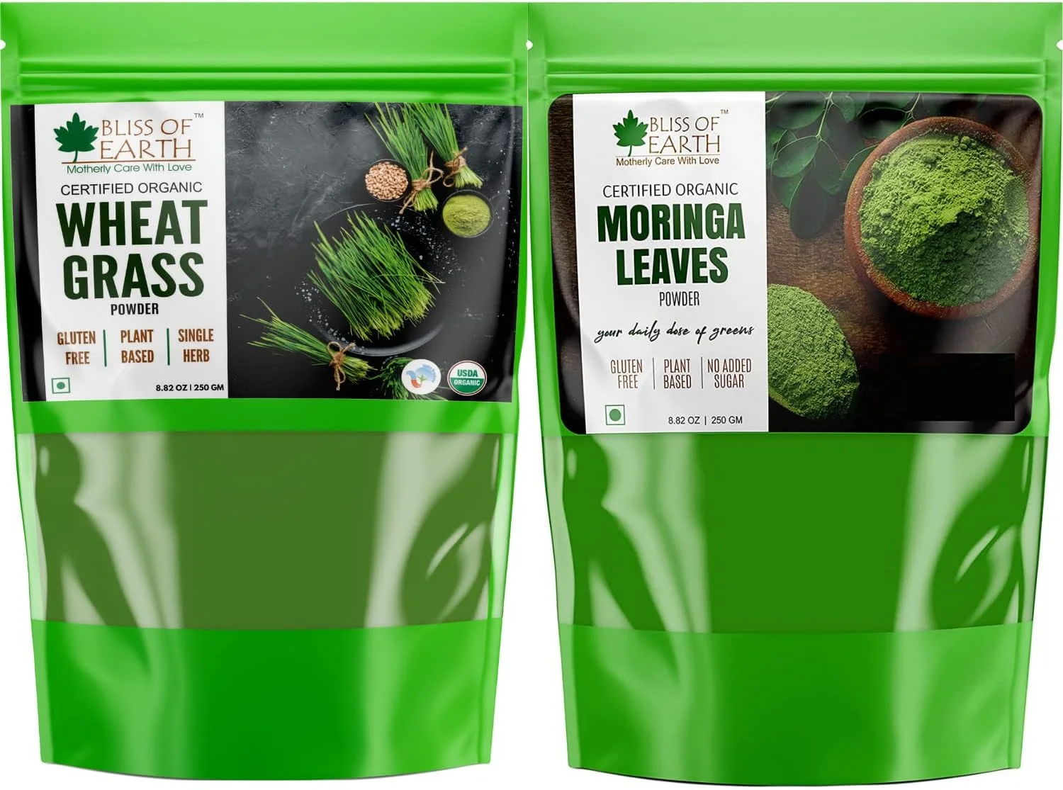بلیس آو ارث 250 گرم پودر برگ مورینگا ارگانیک + 250 گرم پودر علف گندم ارگانیک، مکمل غذایی سوپر فود