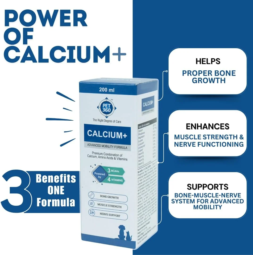 محلول کلسیم + فرمول پیشرفته تحرک PET360 حاوی کلسیم، آمینو اسیدها و ویتامین ها برای سگ ها و گربه ها - 200 میلی لیتر | رشد استخوان، قدرت عضلات و پشتیبانی از اعصاب | مکمل های غذایی برای حیوانات خانگی محلول کلسیم + فرمول پیشرفته تحرک PET360 حاوی کلسیم، آمینو اسیدها و ویتامین ها برای سگ ها و گربه ها - 200 میلی لیتر | رشد استخوان، قدرت عضلات و پشتیبانی از اعصاب | مکمل های غذایی برای حیوانات خانگی