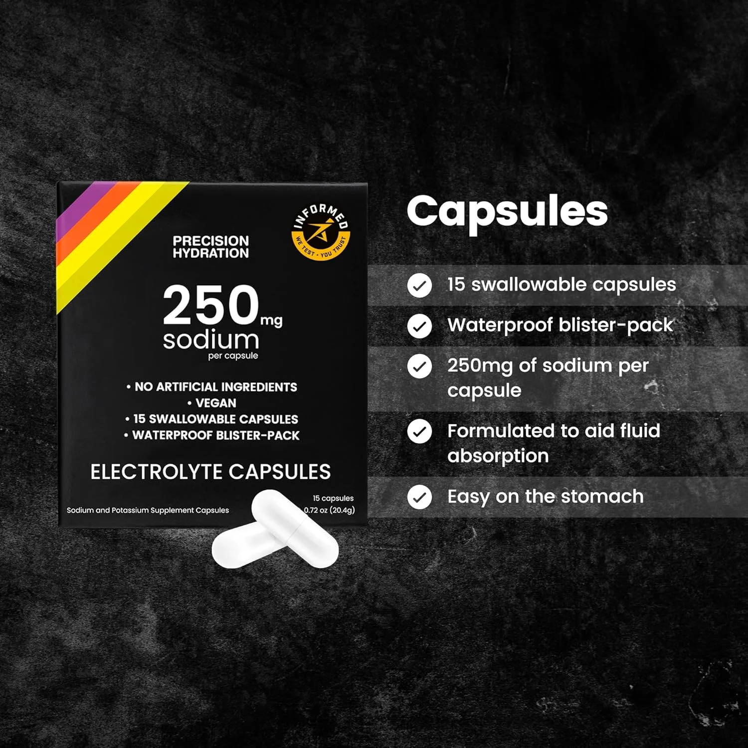 کپسول های الکترولیت Precision Hydration - بسته بندی شده در 15 بلیستر (ضد آب) / کپسول های نمک - مقابله با گرفتگی عضلات - بدون مواد مصنوعی، فرمول سازگار با هضم - بدون گلوتن، مناسب برای گیاهخواران (1 بسته)